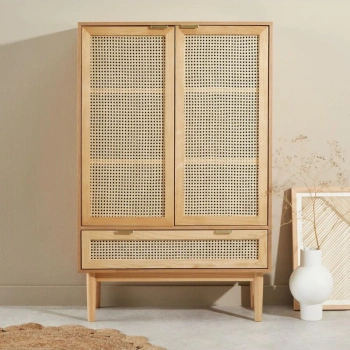 Sheldon Doğal Ahşap Rattan Kapaklı Gardırop - Modern Minimalist Dolap
