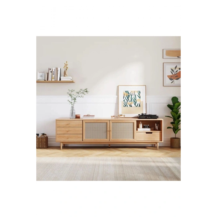 Ahşap Rattan Kapak Detaylı Modern Tv Ünitesi