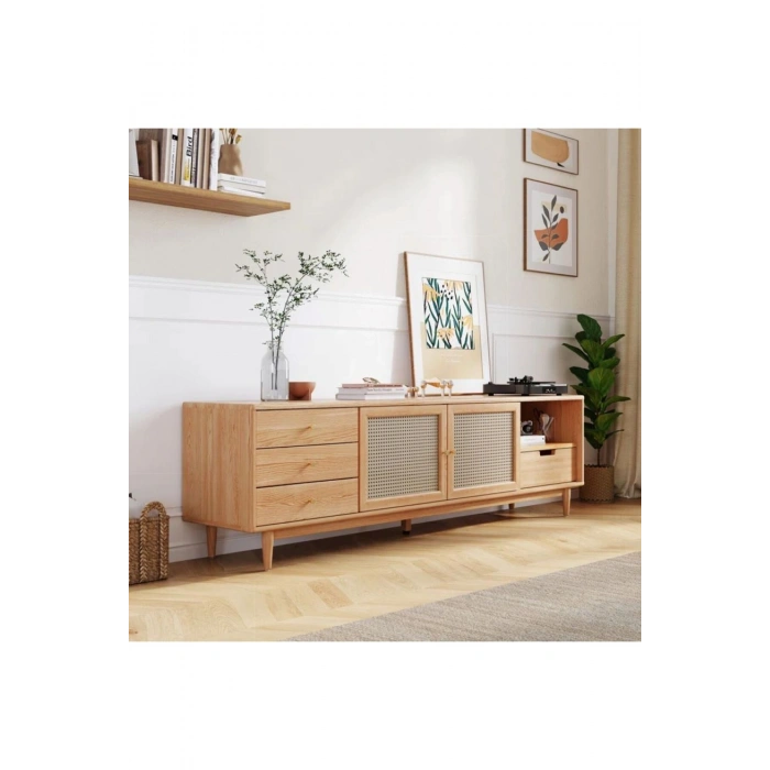 Ahşap Rattan Kapak Detaylı Modern Tv Ünitesi