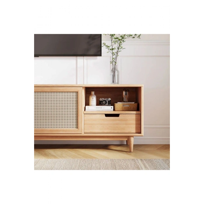 Ahşap Rattan Kapak Detaylı Modern Tv Ünitesi