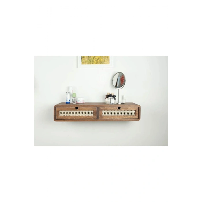 Rustik Şıklıkta Rattan Detaylı Duvara Monte Ahşap Makyaj & Organizer Raf