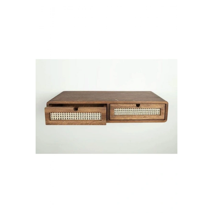 Rustik Şıklıkta Rattan Detaylı Duvara Monte Ahşap Makyaj & Organizer Raf