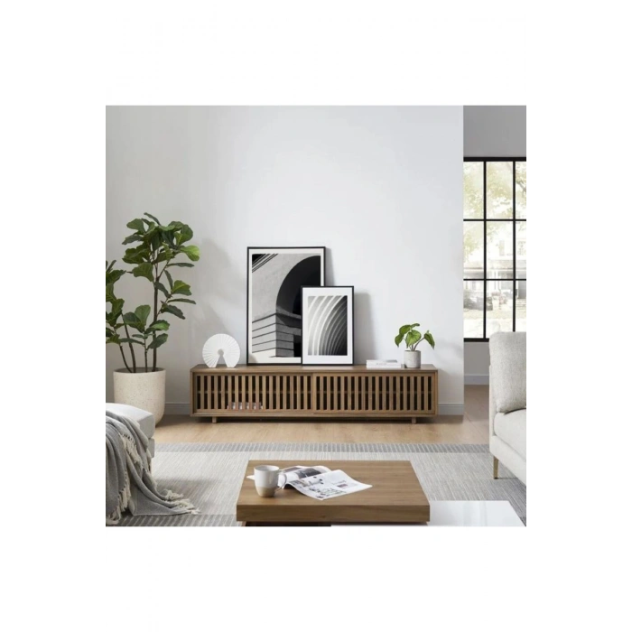 Linea Ahşap Modern TV Ünitesi Sürgü Izgara Kapaklı