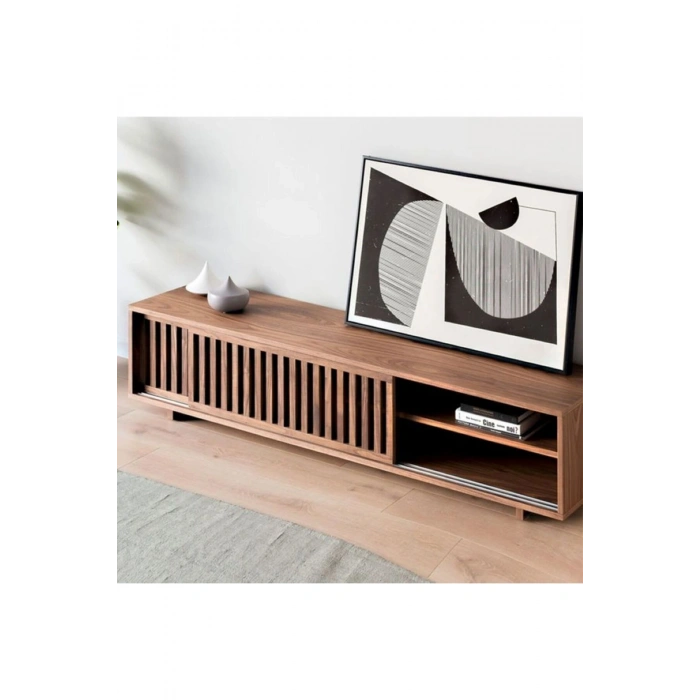 Linea Ahşap Modern TV Ünitesi Sürgü Izgara Kapaklı