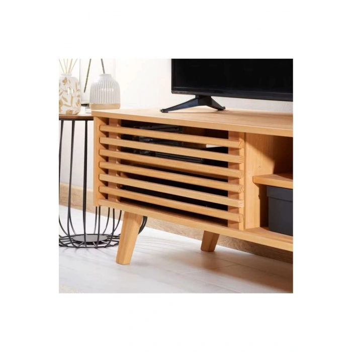 ScandiLine Modern Ahşap TV Ünitesi Izgara Kapaklı Minimal Tasarım