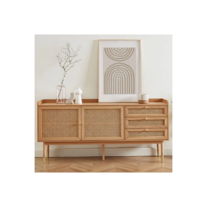Arya Konsol – Retro Stil Hasır Kapaklı Ahşap Mobilya