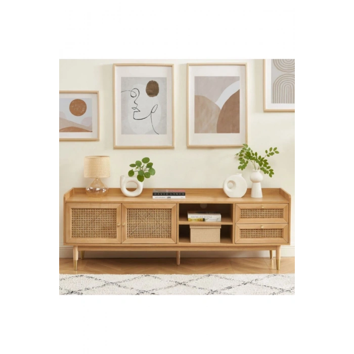 Scandi Tarzı TV Ünitesi – Bombong 180 cm, Ahşap & Rattan Detaylı