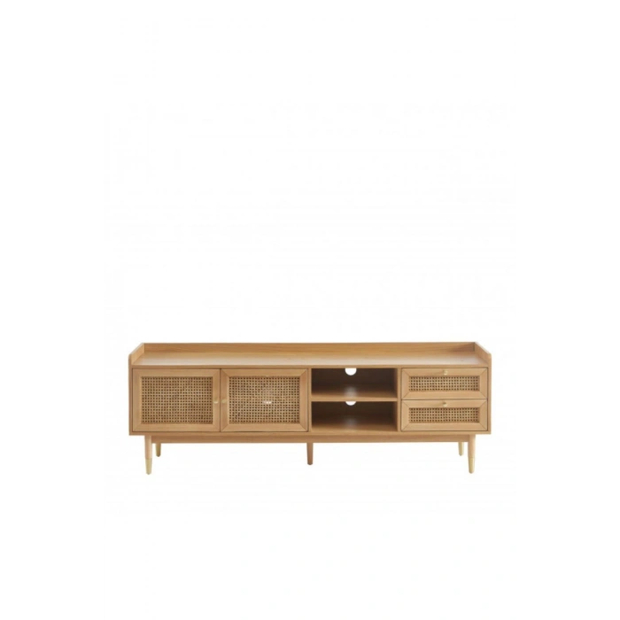 Scandi Tarzı TV Ünitesi – Bombong 180 cm, Ahşap & Rattan Detaylı