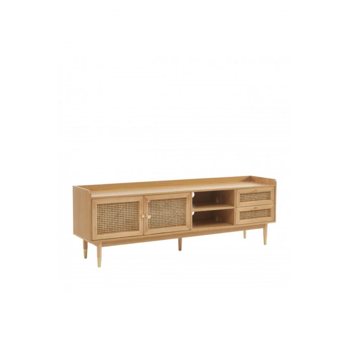 Scandi Tarzı TV Ünitesi – Bombong 180 cm, Ahşap & Rattan Detaylı