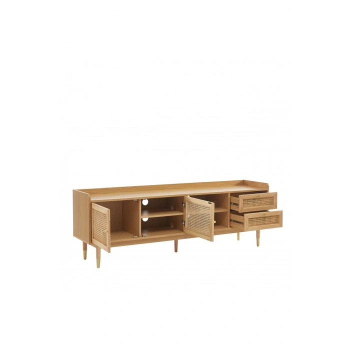 Scandi Tarzı TV Ünitesi – Bombong 180 cm, Ahşap & Rattan Detaylı