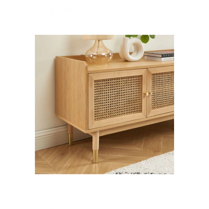 Scandi Tarzı TV Ünitesi – Bombong 180 cm, Ahşap & Rattan Detaylı