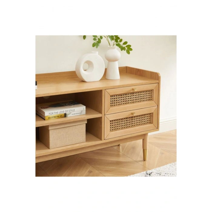 Scandi Tarzı TV Ünitesi – Bombong 180 cm, Ahşap & Rattan Detaylı