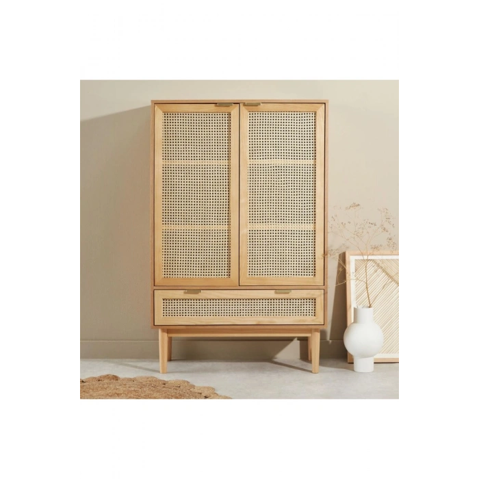 Sheldon Doğal Ahşap Rattan Kapaklı Gardırop - Modern Minimalist Dolap
