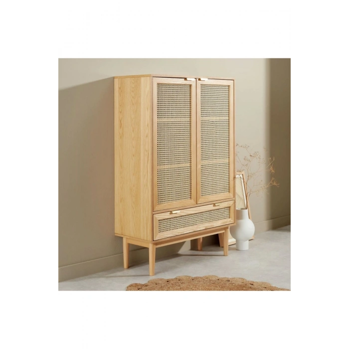 Sheldon Doğal Ahşap Rattan Kapaklı Gardırop - Modern Minimalist Dolap