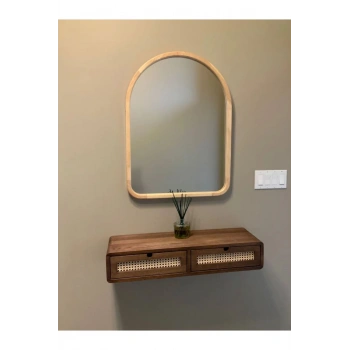 Rustik Şıklıkta Rattan Detaylı Duvara Monte Ahşap Makyaj & Organizer Raf