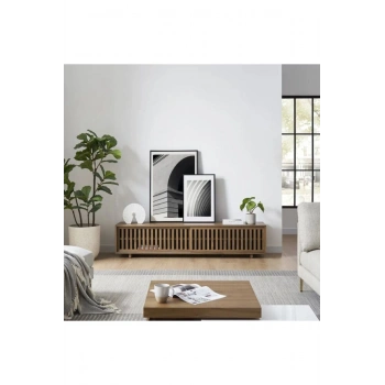 Linea Ahşap Modern TV Ünitesi Sürgü Izgara Kapaklı