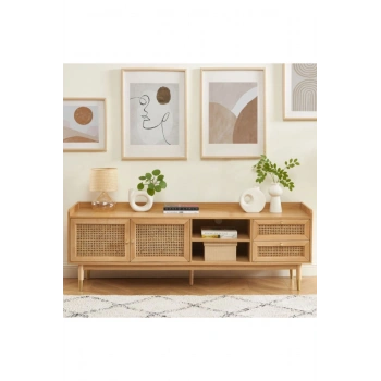 Scandi Tarzı TV Ünitesi – Bombong 180 cm, Ahşap & Rattan Detaylı