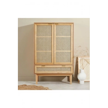 Sheldon Doğal Ahşap Rattan Kapaklı Gardırop - Modern Minimalist Dolap