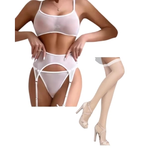 Tegan Fantezi Beyaz Transparan Tül Jartiyer Takımı Tg273262