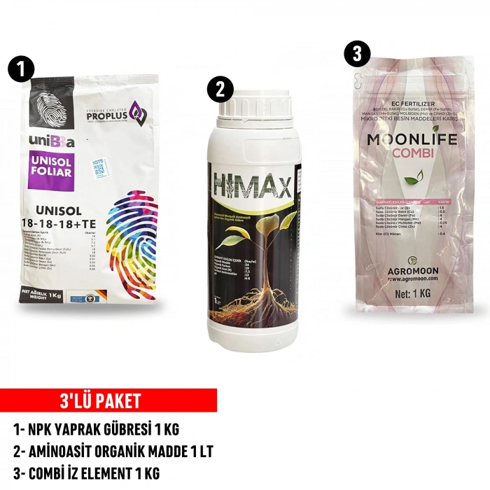 18-18-18 Npk Yaprak Gübresi, Aminoasit Organik Madde, Combi İz Element 3lü Gübre Paketi