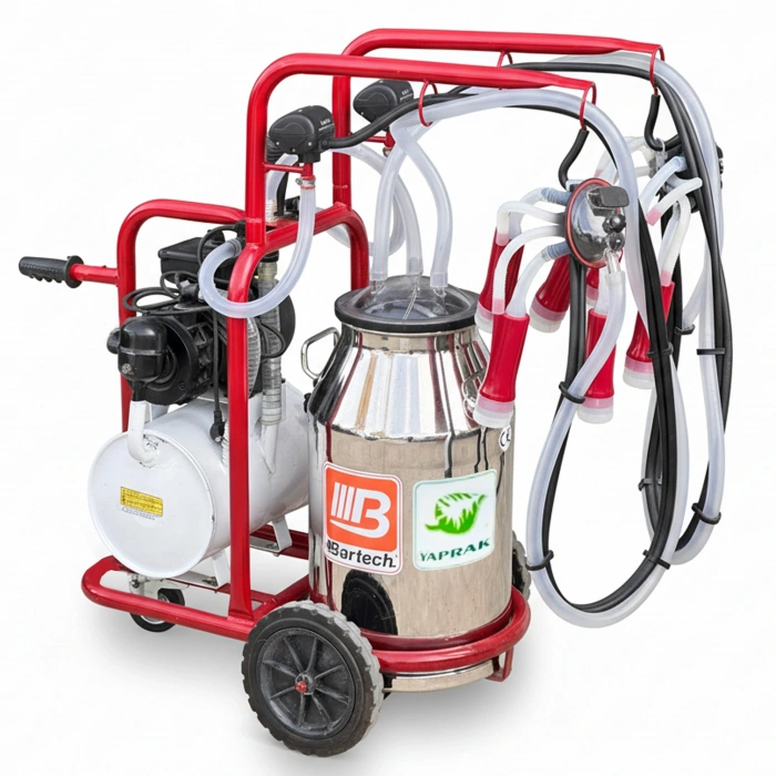 Bartech Yaprak Büyükbaş Çiftli Süt Sağım Makinesi 40lt Krom Güğüm Silikon Meme Lastikli Kuru Tip