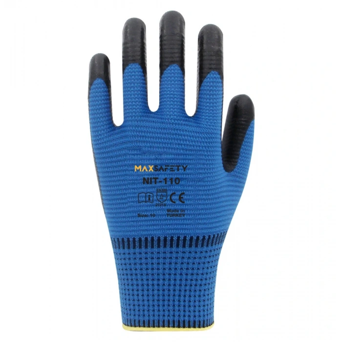 Maxsafety Zebra Nitril Kaplı İş Eldiveni Mavi-Siyah No: 9 Bahçe Eldiveni