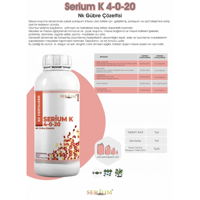 Serium 4-0-20 Azot Potasyum Nk Gübre Çözeltisi 1lt