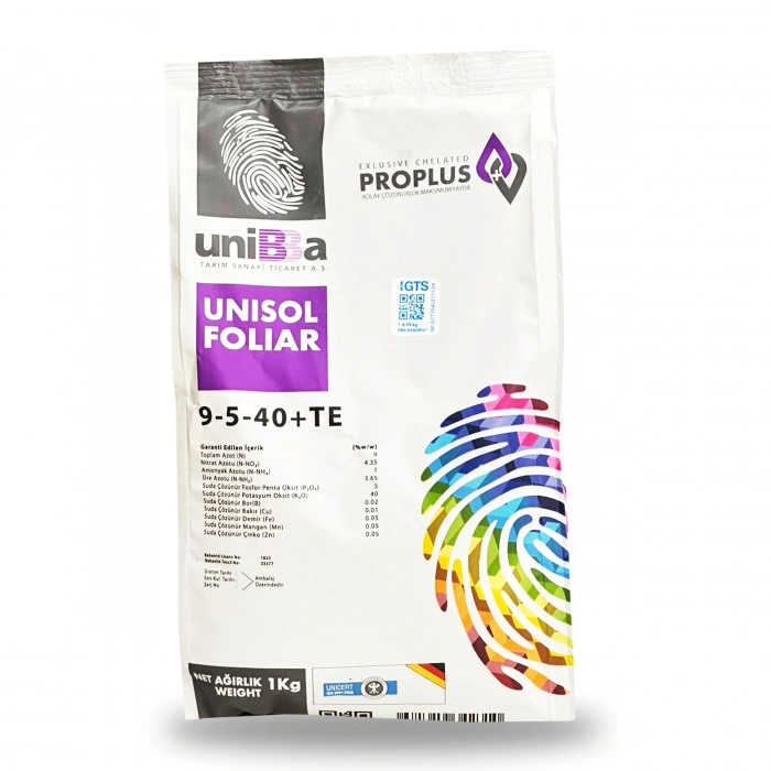 Unibba Unisol Foliar Npk Yaprak Gübresi 9-5-40+Te 1 Kg