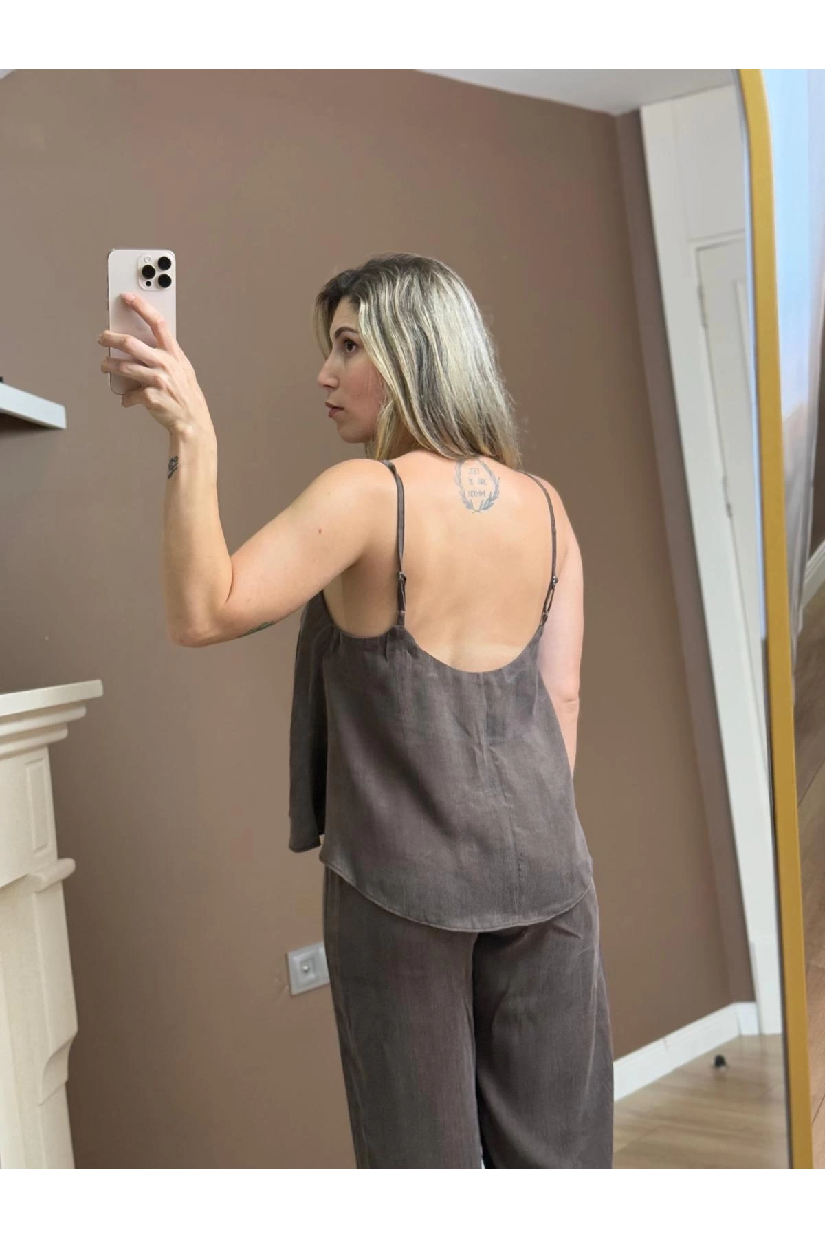 Askılı Bluz Pantolon Takım Kahve
