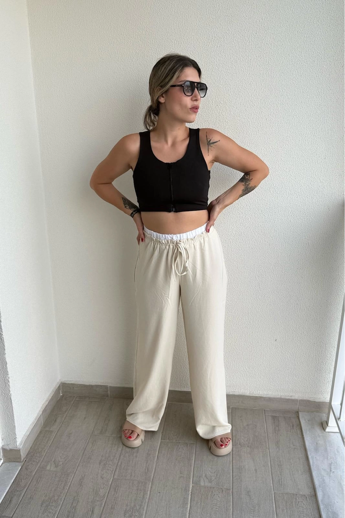 Bel Bantlı Wide Leg Pantolon Krem
