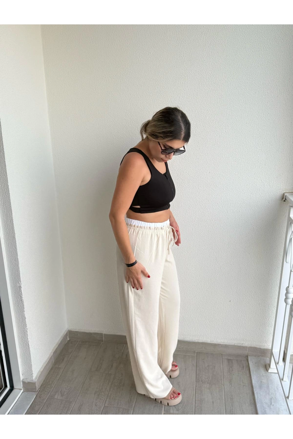Bel Bantlı Wide Leg Pantolon Krem