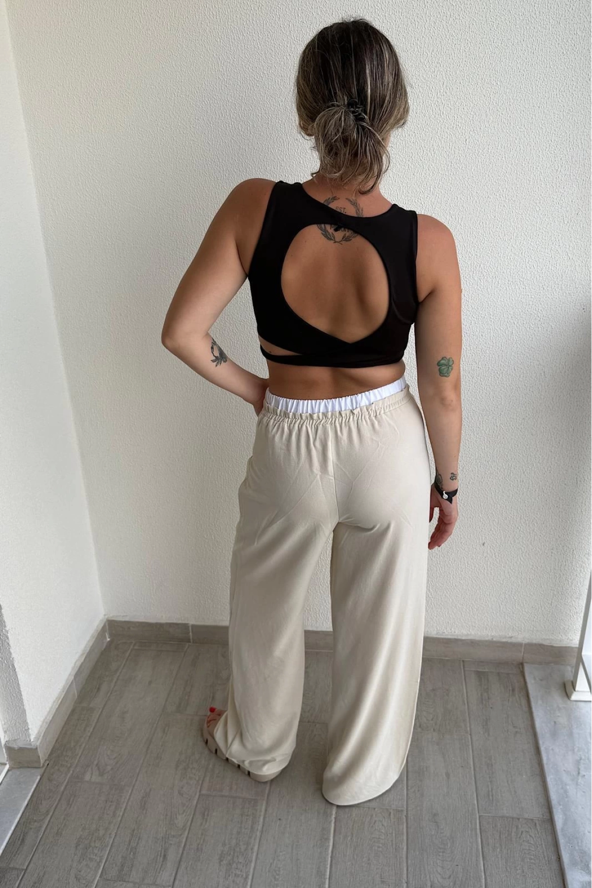 Bel Bantlı Wide Leg Pantolon Krem