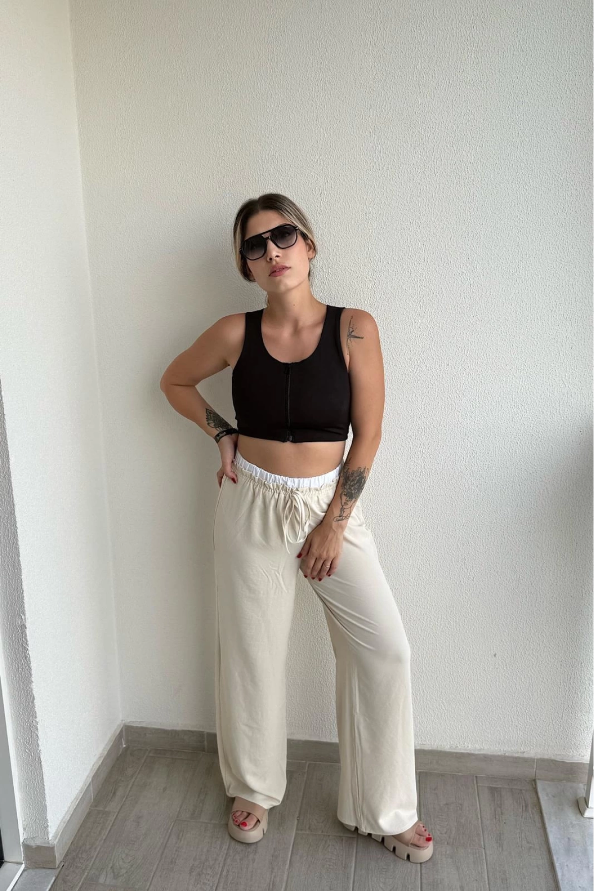 Bel Bantlı Wide Leg Pantolon Krem