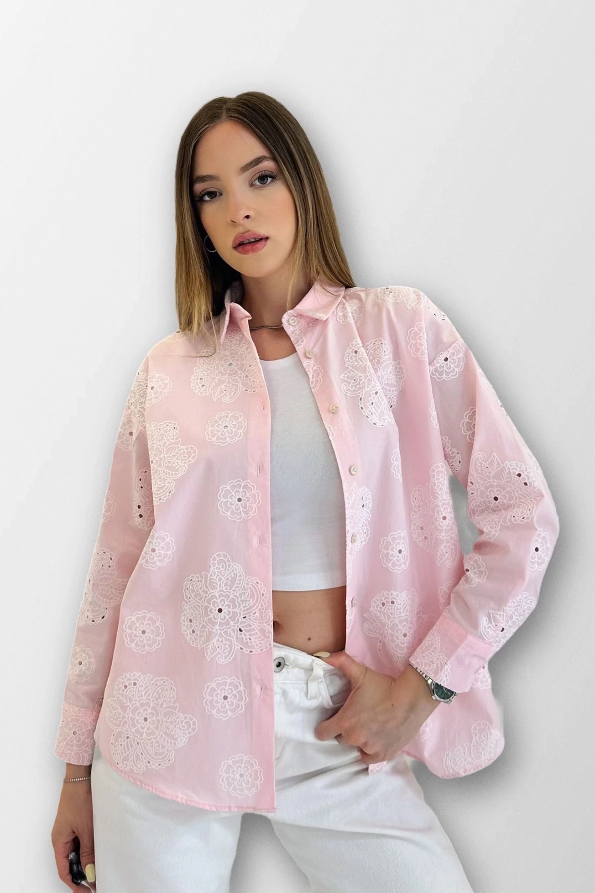 Brodeli Gömlek Pembe