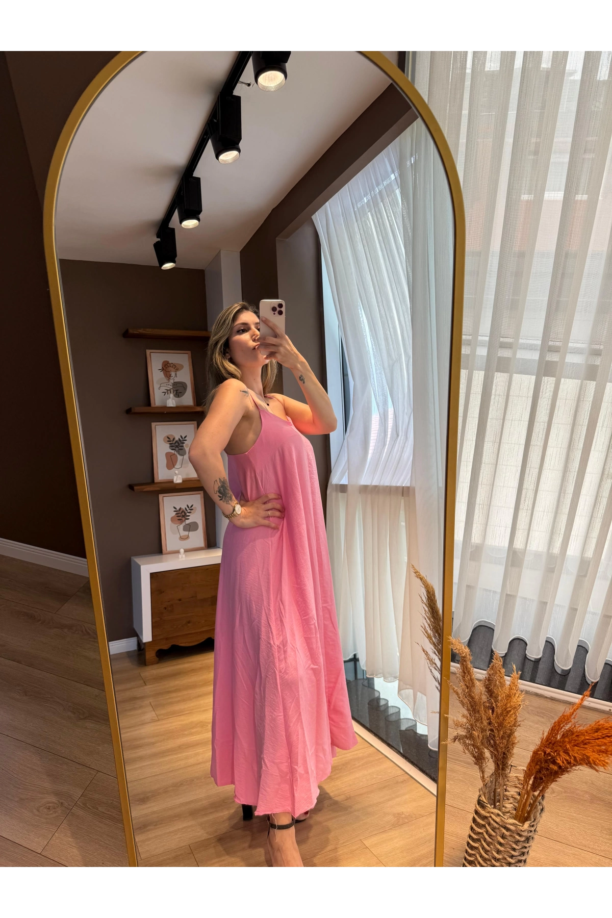 İp Askılı Pembe Elbise
