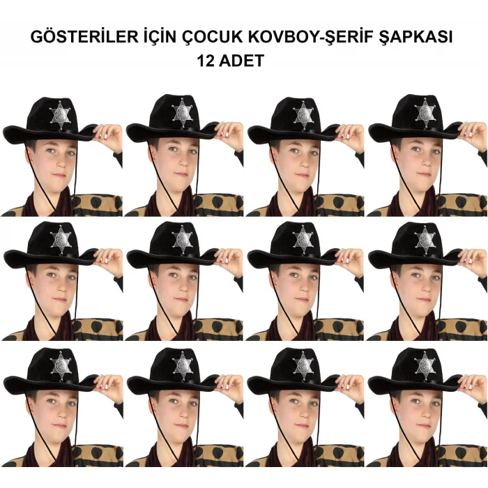 Kovboy Şerif Şapkası Siyah 12 Adet - Kostüm, Parti Ve Gösteri Şapkası