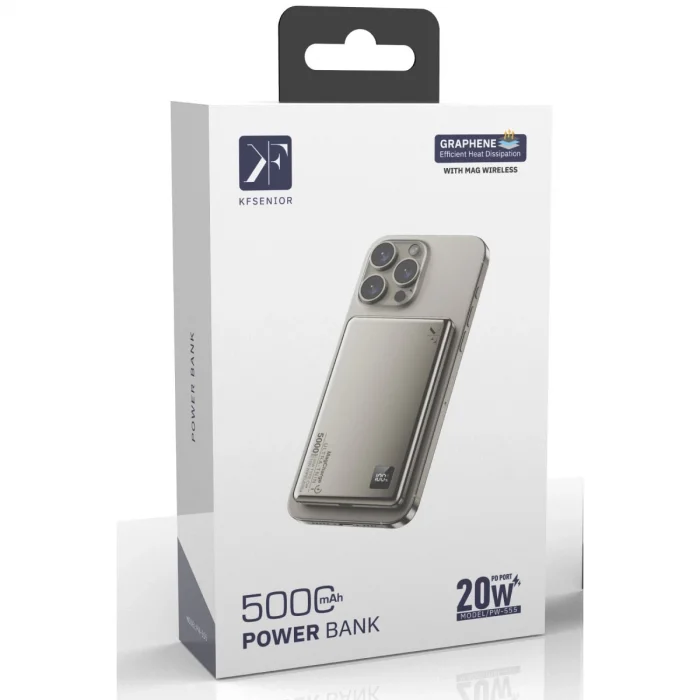 Pw555 5.000 Mah Dijital Göstergeli 18w Type-c Ve 15w Kablosuz Şarj Pd Hızlı Şarj Magsafe Powerbank - Titanyum