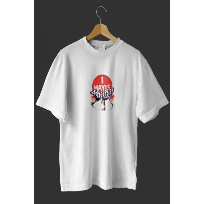 1 Mayıs Emek Ve Dayanışma Günü Baskılı Oversize Bisiklet Yaka T-shirt - Beyaz