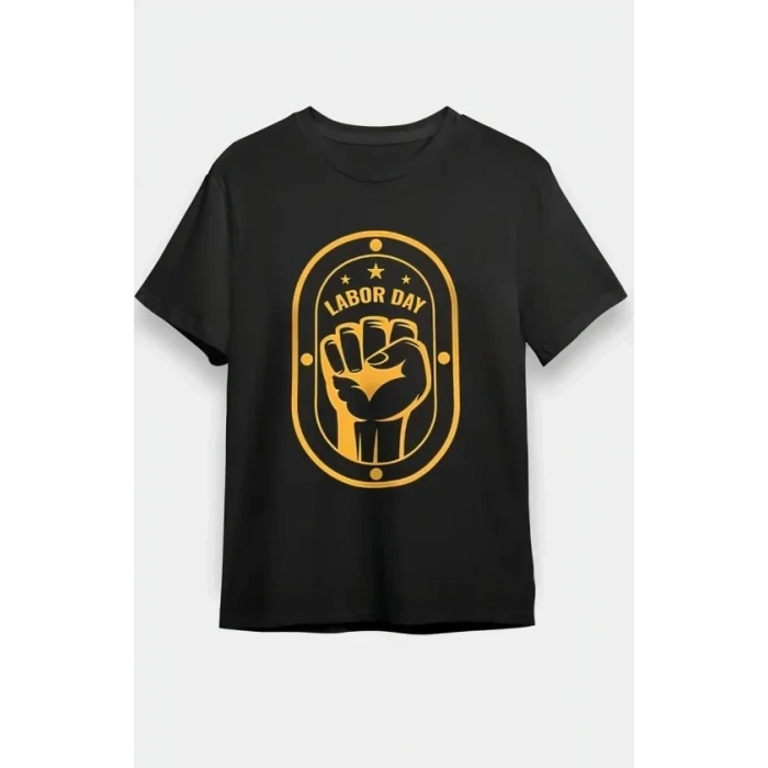 1 Mayıs Labor Day Emekçi Temalı Baskılı Oversize Bisiklet Yaka T-shirt - Siyah