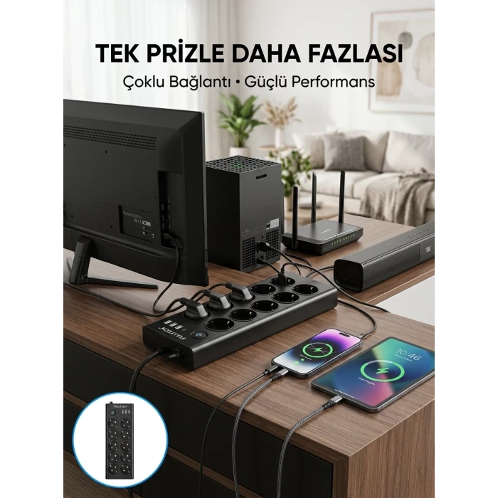 10 Prizli USB Destekli Çoklu Priz Type-C Şarj Girişli Güvenli Güç Ünitesi