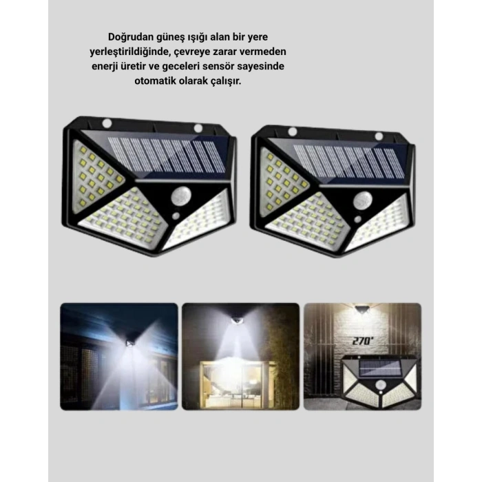 100 LED Solar Lamba Hareket Algılamalı Bahçe Duvar Dış Mekan Aydınlatma