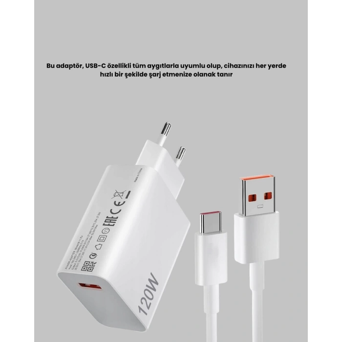 120W Hızlı Şarj Başlığı Ultra Güçlü Type-C Adaptör Kablo Dahil