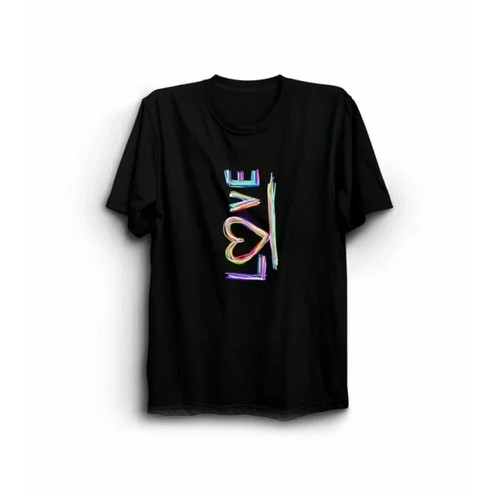 14 Şubat Sevgililer Günü Love Baskılı Oversize Bisiklet Yaka T-shirt - Siyah