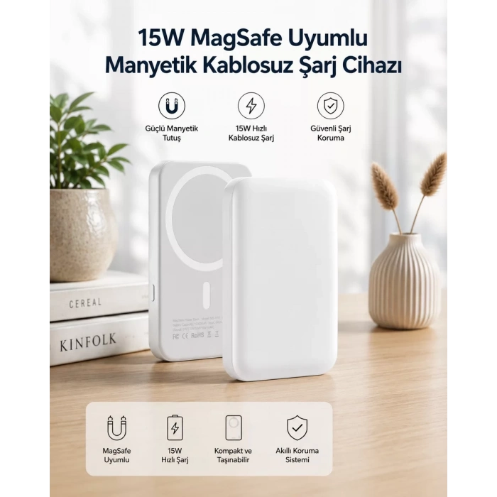 15W MagSafe Uyumlu Manyetik Kablosuz Powerbank 5000 mAh
