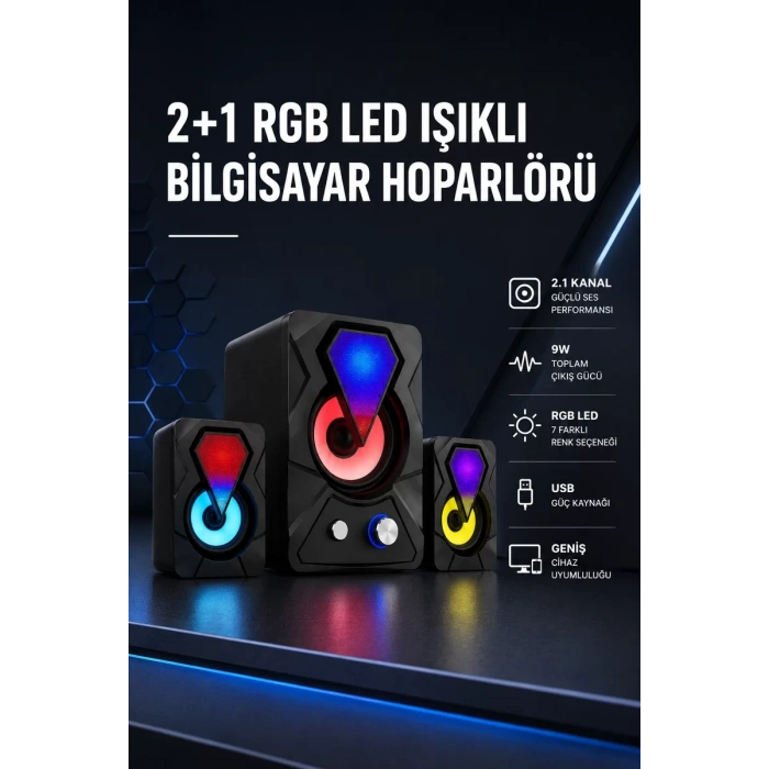 2+1 RGB LED Işıklı Güçlü Bas Sistemli Bilgisayar Hoparlörü