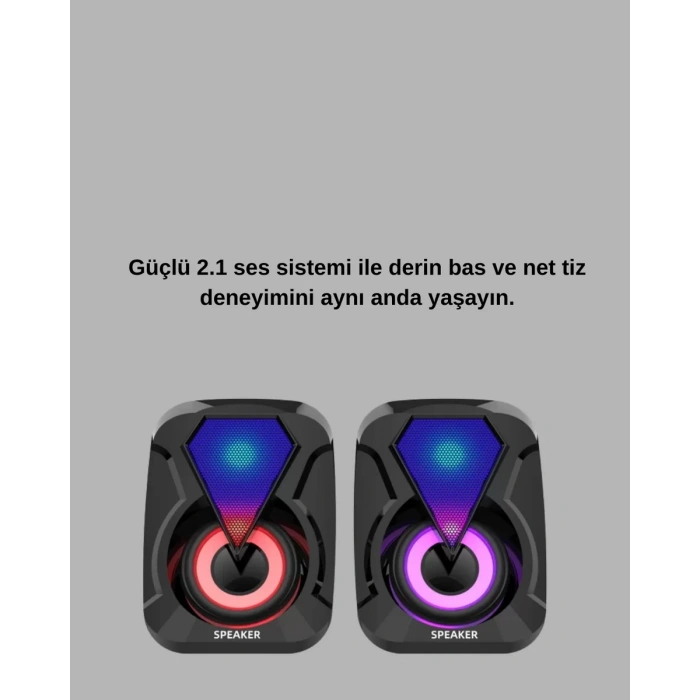 2+1 RGB LED Işıklı Güçlü Bas Sistemli Bilgisayar Hoparlörü