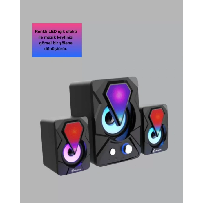 2+1 RGB LED Işıklı Güçlü Bas Sistemli Bilgisayar Hoparlörü