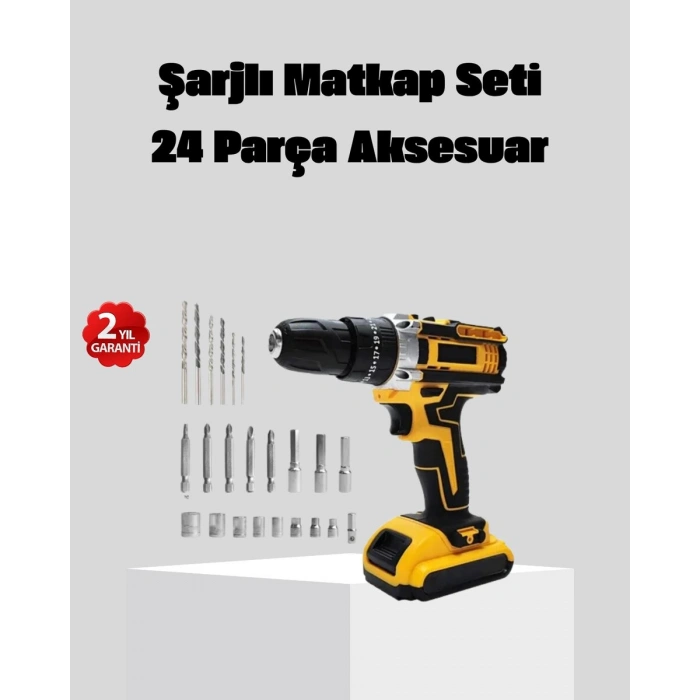 24 Parça Çift Bataryalı Akülü Darbeli Matkap – Güçlü Motor Metal Dişli LED Işıklı