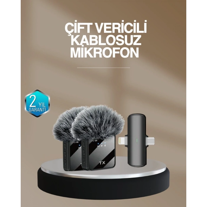 2’li Kablosuz Yaka Mikrofonu Type-C ve Lightning Uyumlu Profesyonel Set