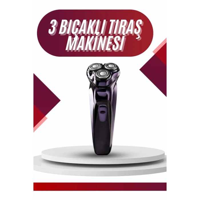 3 Bıçaklı Döner Başlıklı Sakal Sıfır Alma Tıraş Makinesi Profesyonel Paslanmaz Çelik